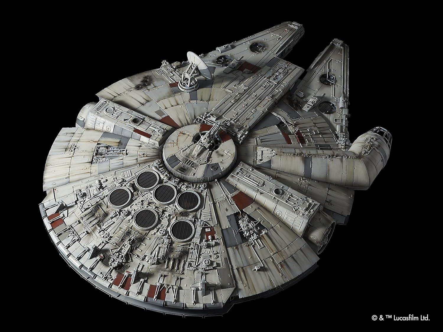 Model of the Millennium Falcon from Star Wars on a black background. 1/72 Perfect Grade Millennium Falcon