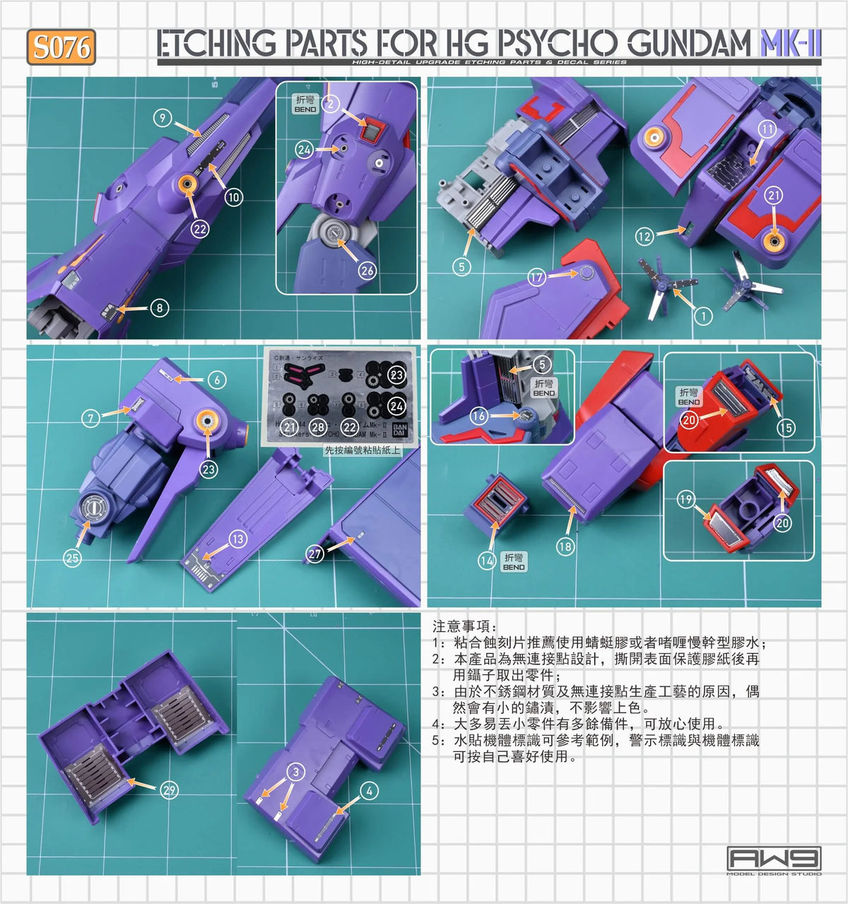 AW9 S76 photo-etched parts with decals for 1/144 HG MRX-010 Psycho Gundam MK-II