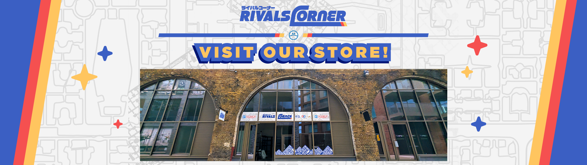 A promotional banner for Rivals Corner featuring the store entrance, with the text 'Rivals Corner' and 'Visit Our Store!' above the photo. The design has a white background with light gray map outlines, blue side borders, and orange and yellow stripes.