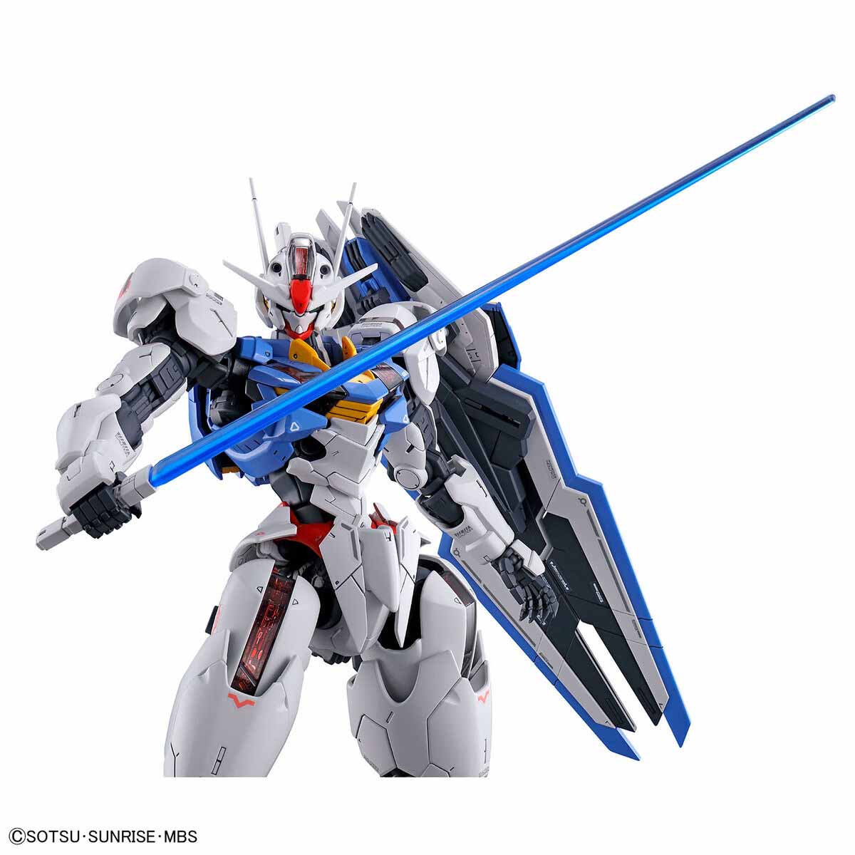 3/4 close up product shot of the 1/100 Full Mechanics Gundam Aerial hold a beam sabre and shield