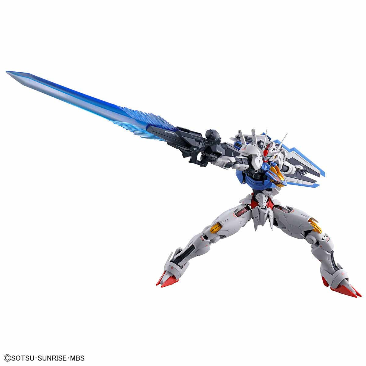 Action product shot of the 1/100 Full Mechanics Gundam Aerial with weapon and shield in hand. Aerial in a dynamic stance.