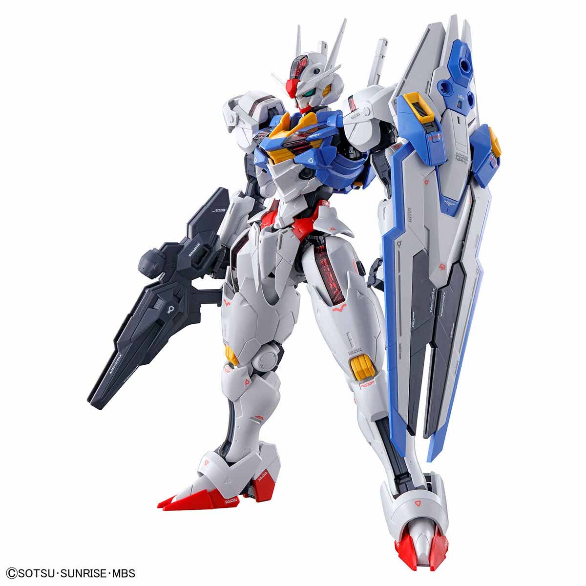 3/4 product shot of the 1/100 Full Mechanics Gundam Aerial holding beam gun and shield.