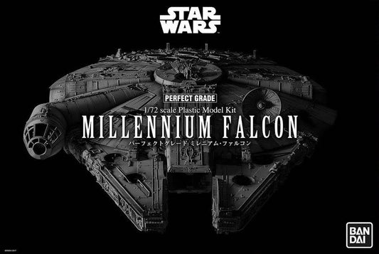 Model kit of the Millennium Falcon from Star Wars with Bandai logo.